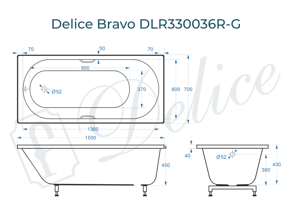 Ванна из искусственного камня Delice Bravo 150x70 глянцевая с ручками хром DLR330036R-G