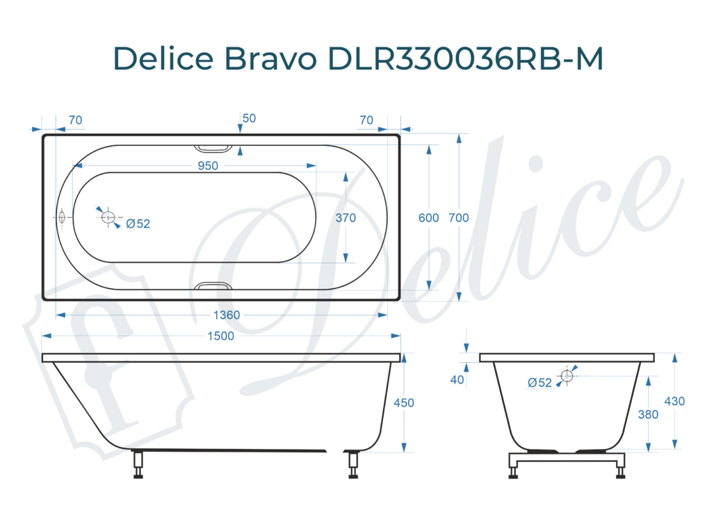 Ванна из искусственного камня Delice Bravo 150x70 матовая с черными ручками DLR330036RB-M