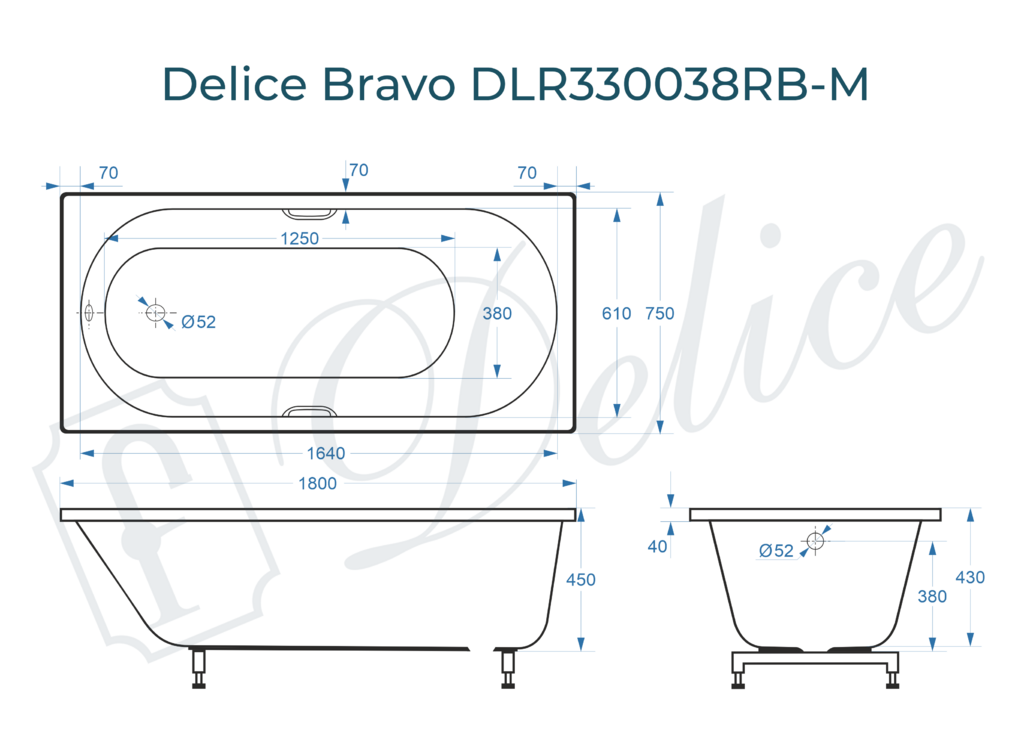 Ванна из искусственного камня Delice Bravo 180x75 матовая с черными ручками DLR330038RB-M