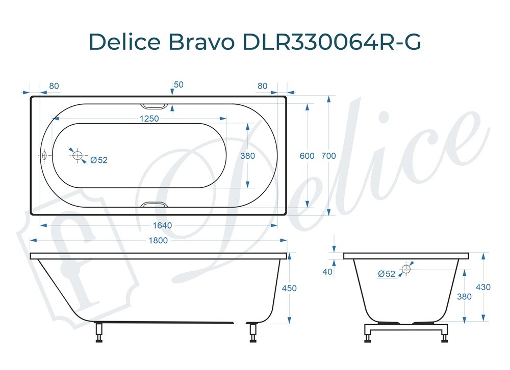 Ванна из искусственного камня Delice Bravo 180x70 глянцевая с ручками хром DLR330064R-G