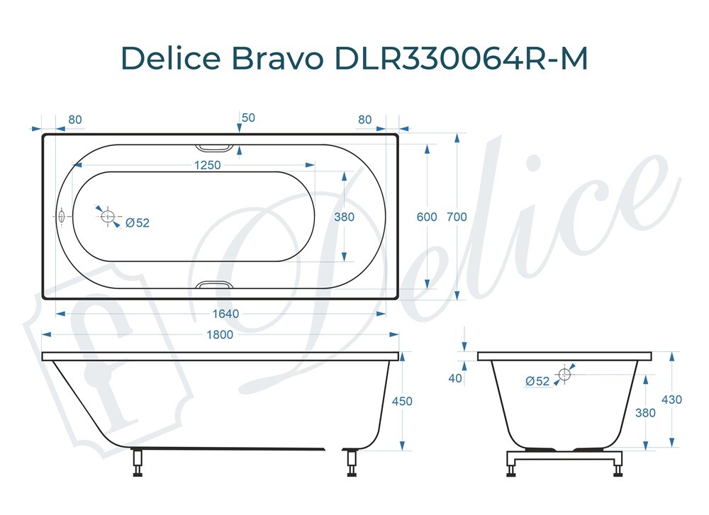 Ванна из искусственного камня Delice Bravo 180x70 матовая с ручками хром DLR330064R-M