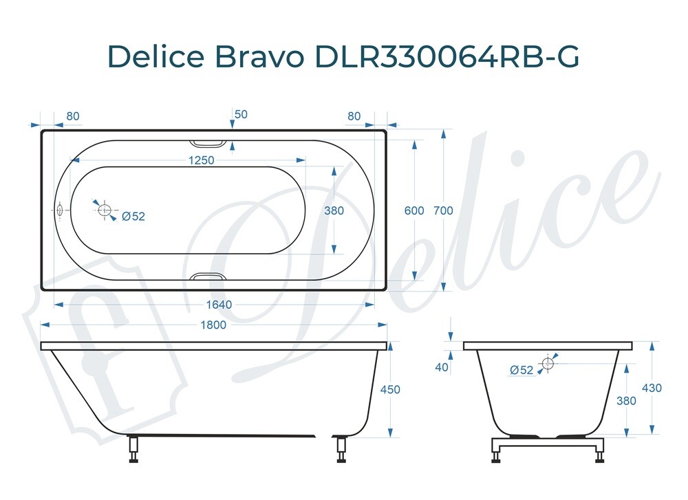 Ванна из искусственного камня Delice Bravo 180x70 глянцевая с черными ручками DLR330064RB-G