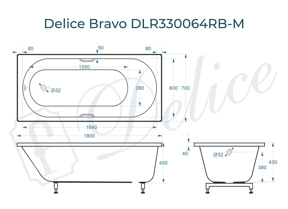 Ванна из искусственного камня Delice Bravo 180x70 матовая с черными ручками DLR330064RB-M