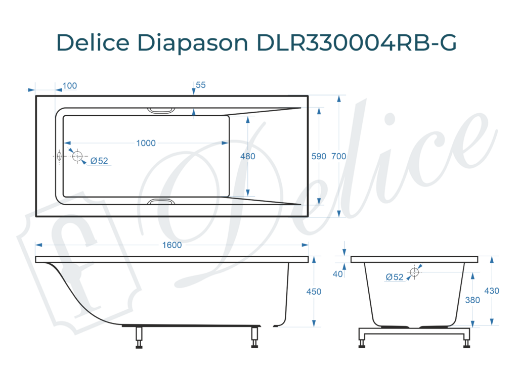 Ванна из искусственного камня Delice Diapason 160x70 глянцевая с черными ручками DLR330004RB-G