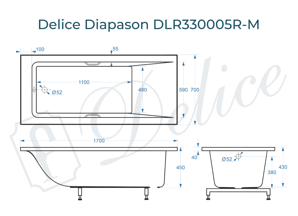 Ванна из искусственного камня Delice Diapason 170x70 матовая с ручками хром DLR330005R-M