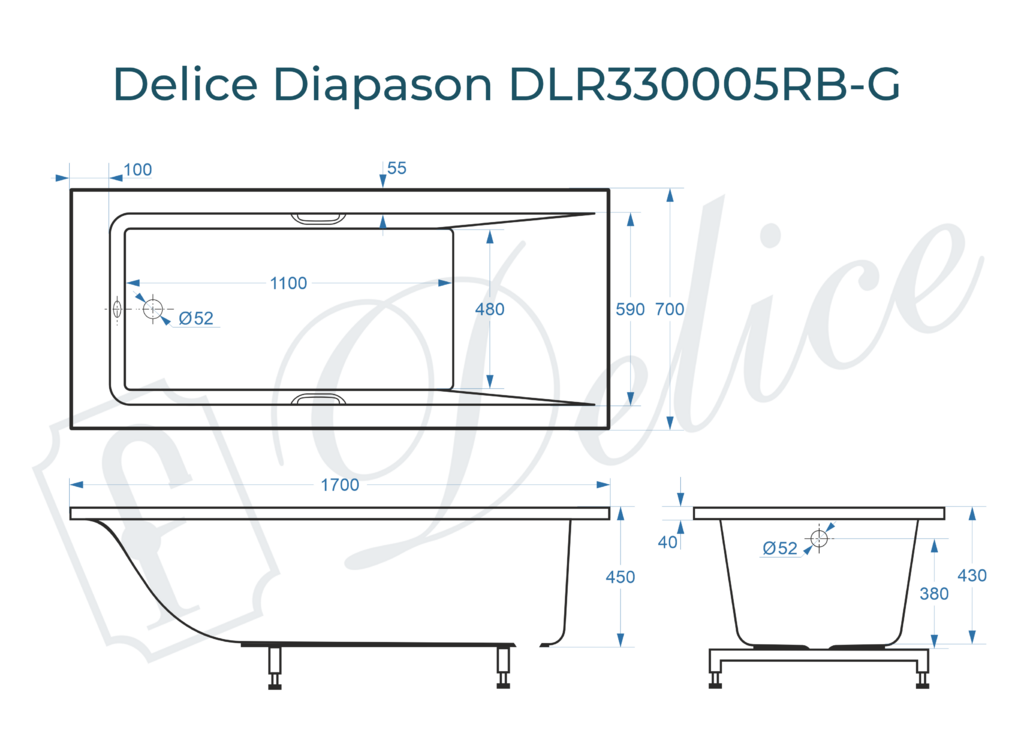 Ванна из искусственного камня Delice Diapason 170x70 глянцевая с черными ручками DLR330005RB-G