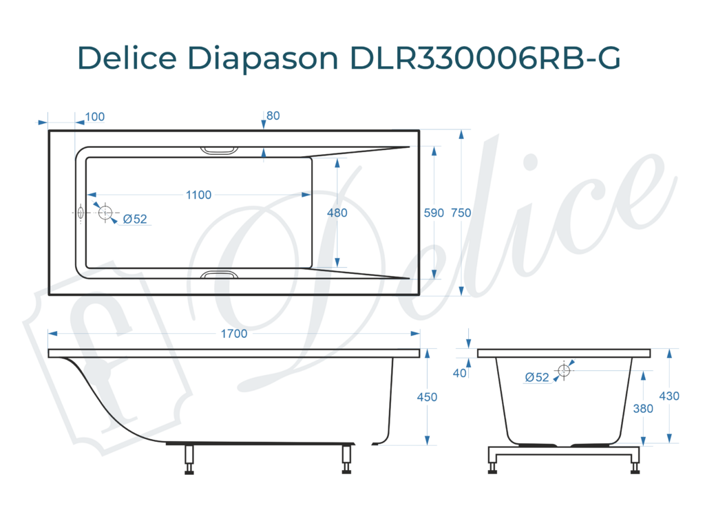 Ванна из искусственного камня Delice Diapason 170x75 глянцевая с черными ручками DLR330006RB-G