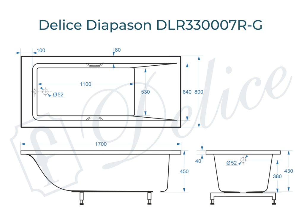 Ванна из искусственного камня Delice Diapason 170x80 глянцевая с ручками хром DLR330007R-G