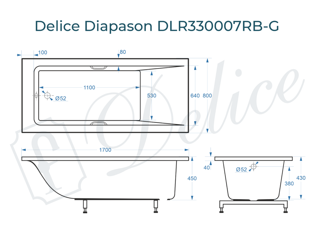 Ванна из искусственного камня Delice Diapason 170x80 глянцевая с черными ручками DLR330007RB-G