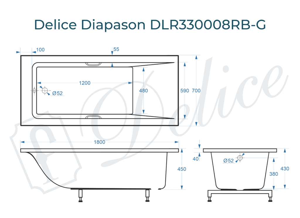 Ванна из искусственного камня Delice Diapason 180x70 глянцевая с черными ручками DLR330008RB-G