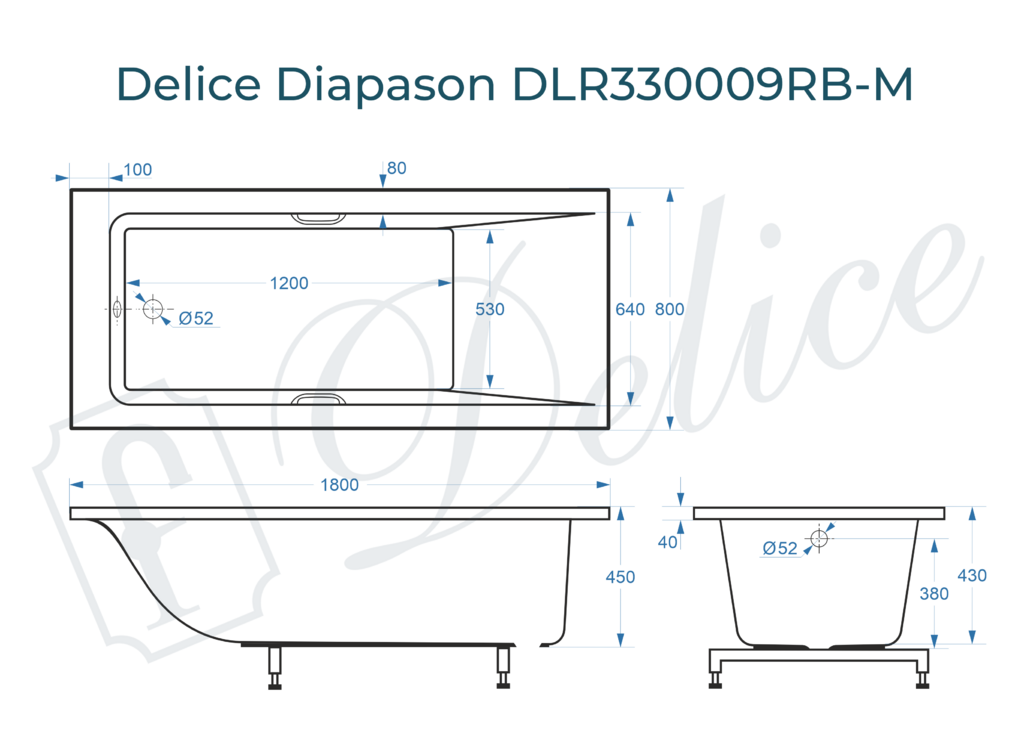 Ванна из искусственного камня Delice Diapason 180x80 матовая с черными ручками DLR330009RB-M