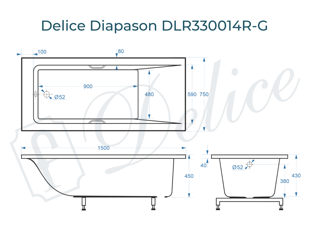 Ванна из искусственного камня Delice Diapason 150x75 глянцевая с ручками хром DLR330014R-G