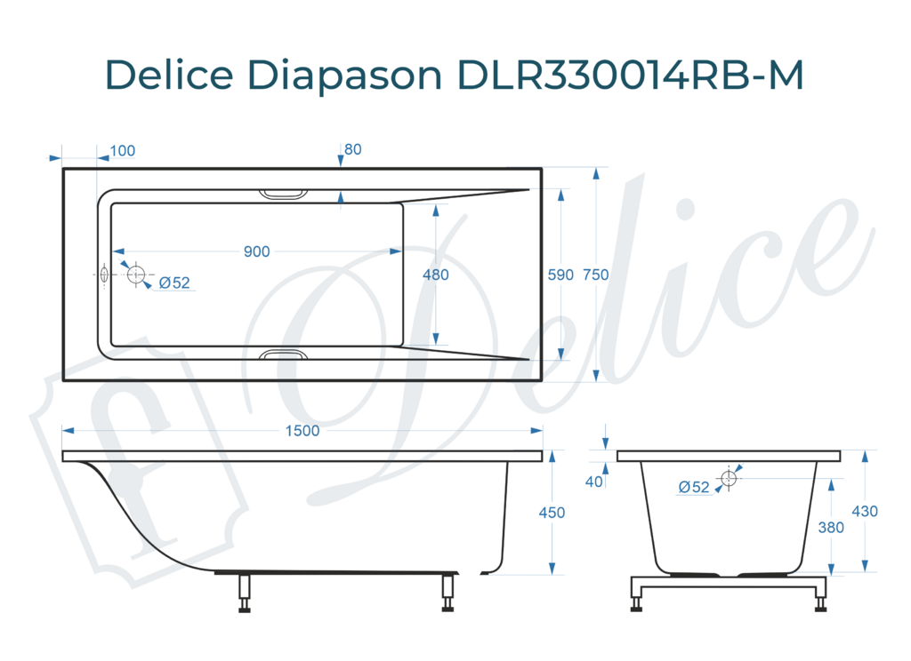 Ванна из искусственного камня Delice Diapason 150x75 матовая с черными ручками DLR330014RB-M