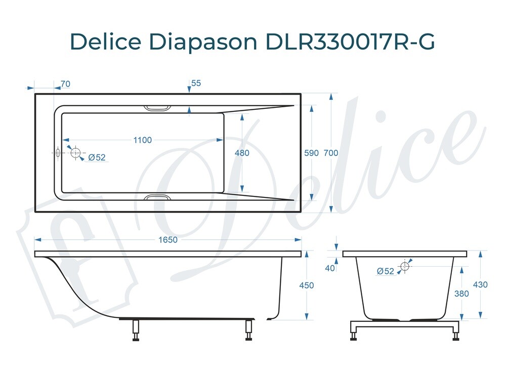 Ванна из искусственного камня Delice Diapason 165x70 глянцевая с ручками хром DLR330017R-G