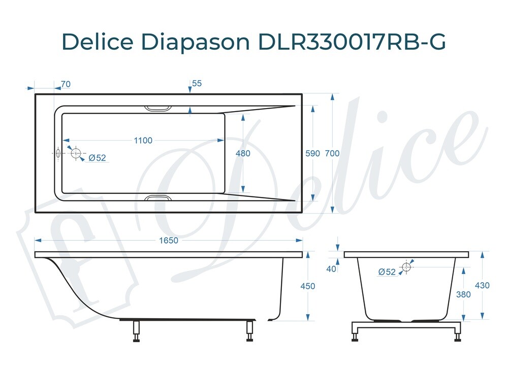 Ванна из искусственного камня Delice Diapason 165x70 глянцевая с черными ручками DLR330017RB-G