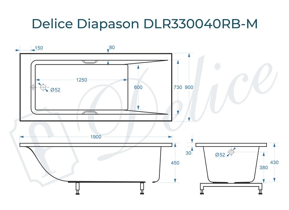 Ванна из искусственного камня Delice Diapason 190x90 матовая с черными ручками DLR330040RB-M