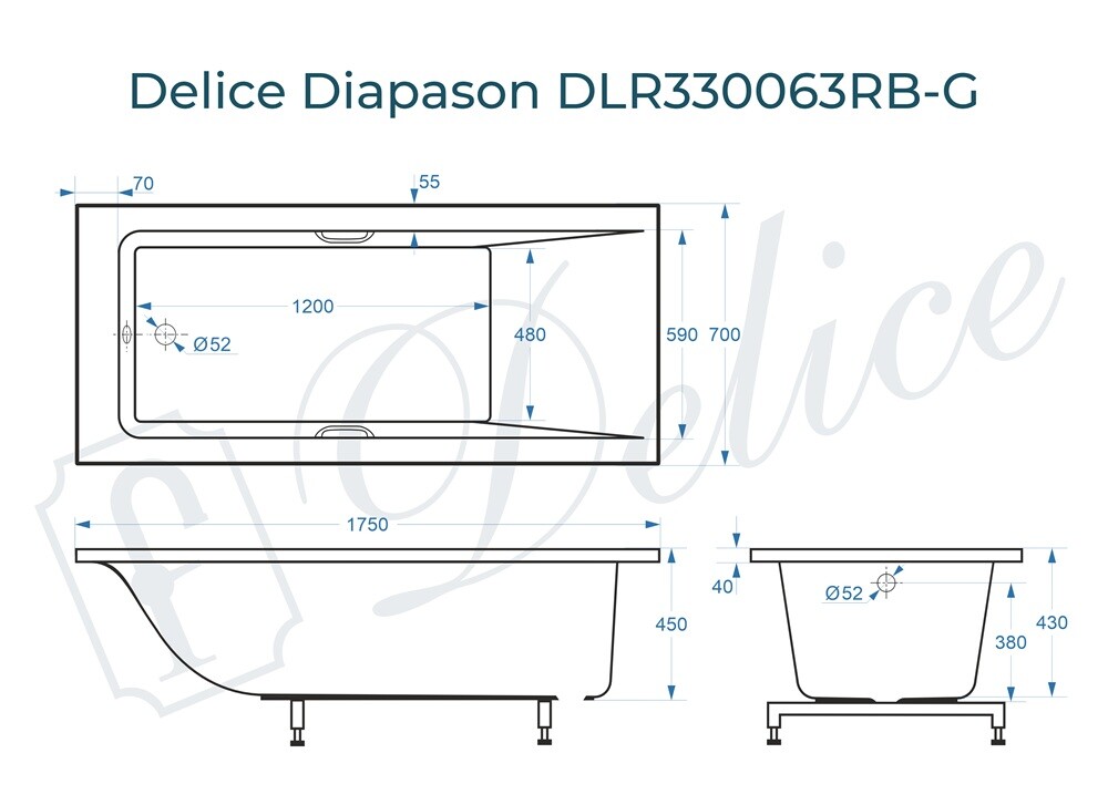 Ванна из искусственного камня Delice Diapason 175x70 глянцевая с черными ручками DLR330063RB-G