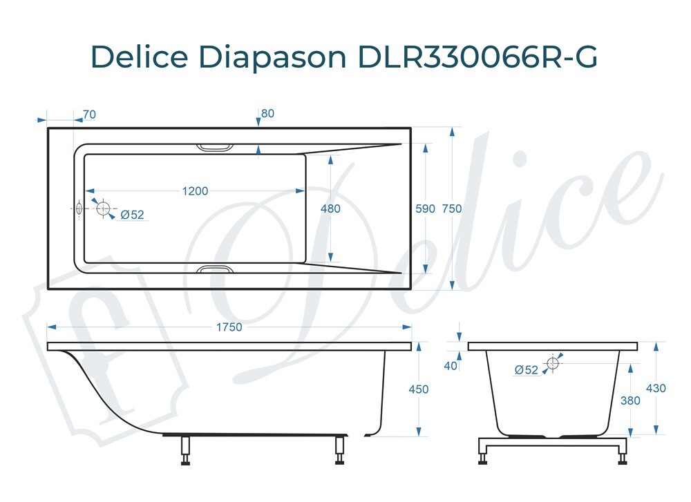 Ванна из искусственного камня Delice Diapason 175x75 глянцевая с ручками хром DLR330066R-G