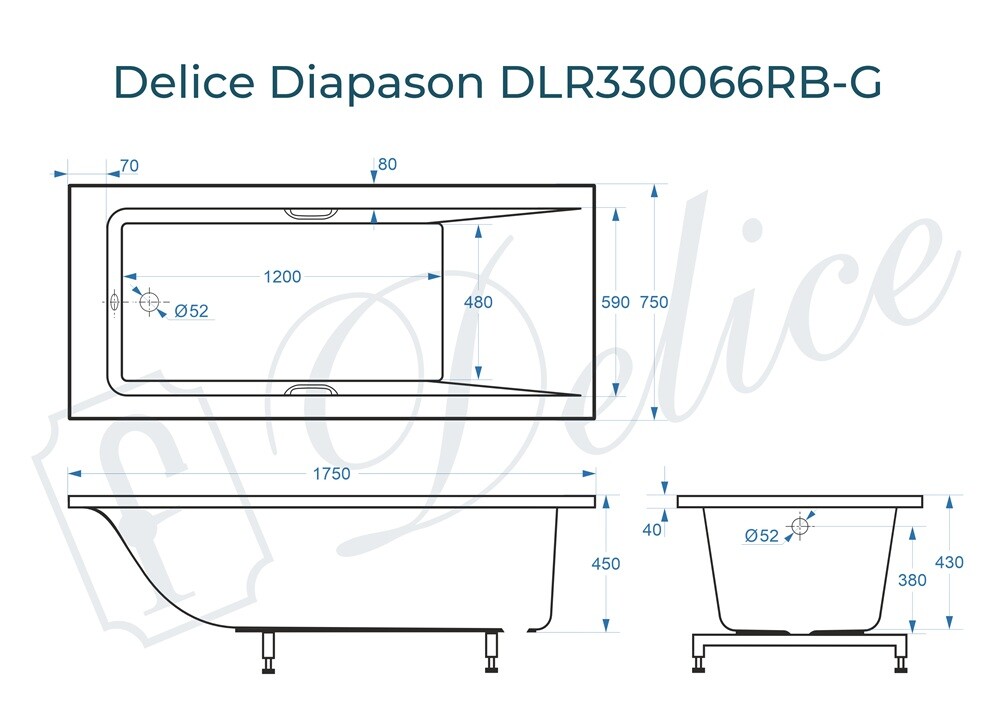Ванна из искусственного камня Delice Diapason 175x75 глянцевая с черными ручками DLR330066RB-G
