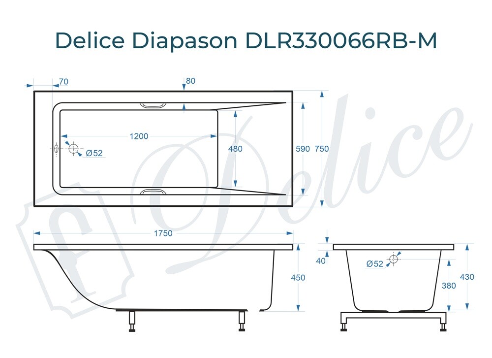 Ванна из искусственного камня Delice Diapason 175x75 матовая с черными ручками DLR330066RB-M