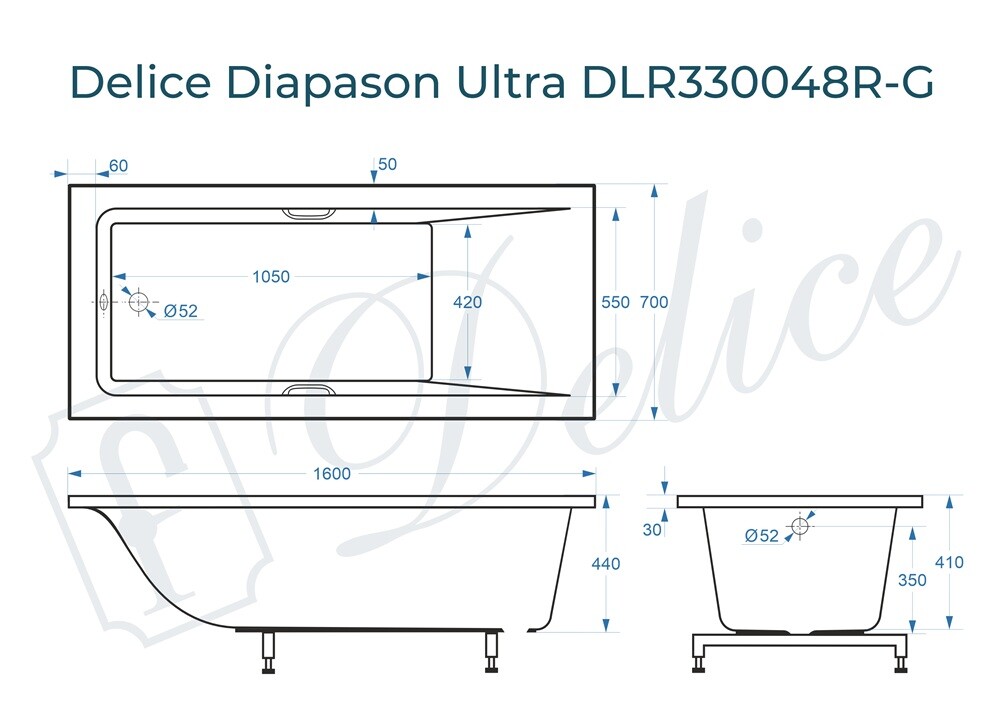Ванна из искусственного камня Delice Diapason Ultra с узким бортом 160x70 глянцевая с ручками хром DLR330048R-G