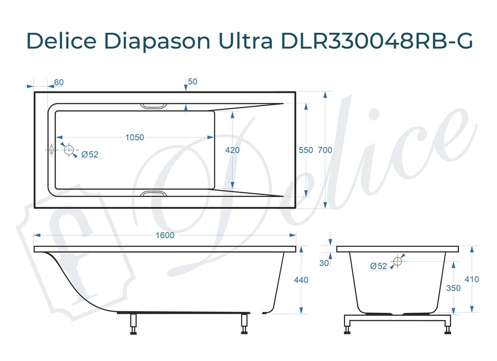 Ванна из искусственного камня Delice Diapason Ultra с узким бортом 160x70 глянцевая с черными ручками DLR330048RB-G