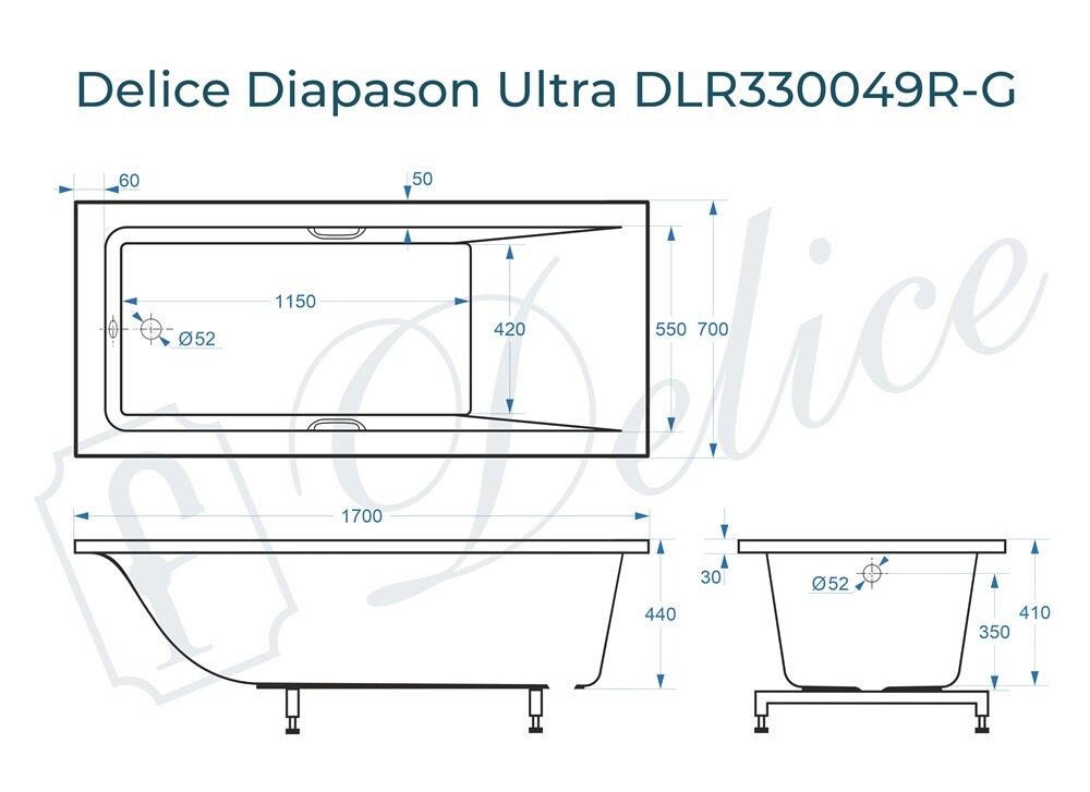 Ванна из искусственного камня Delice Diapason Ultra с узким бортом 170x70 глянцевая с ручками хром DLR330049R-G