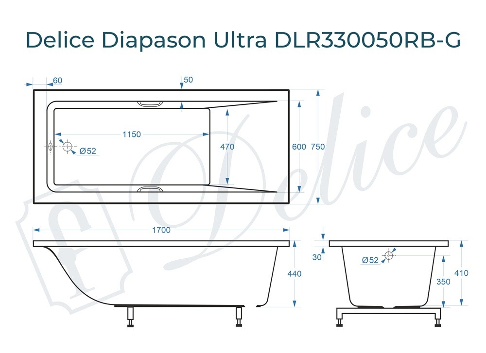 Ванна из искусственного камня Delice Diapason Ultra с узким бортом 170x75 глянцевая с черными ручками DLR330050RB-G