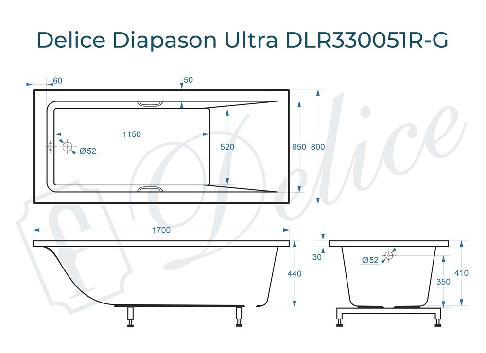Ванна из искусственного камня Delice Diapason Ultra с узким бортом 170x80 глянцевая с ручками хром DLR330051R-G