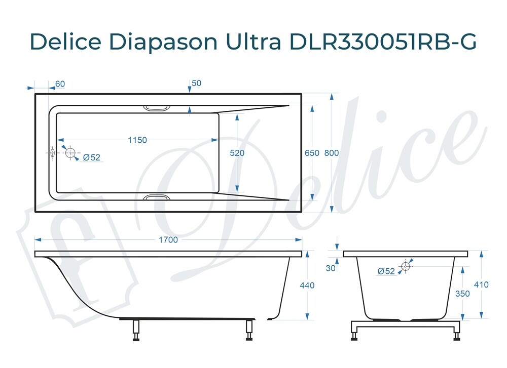 Ванна из искусственного камня Delice Diapason Ultra с узким бортом 170x80 глянцевая с черными ручками DLR330051RB-G