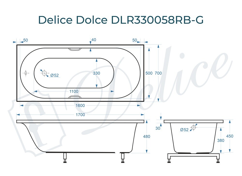 Ванна из искусственного камня Delice Dolce 170x70 глянцевая с черными ручками DLR330058RB-G