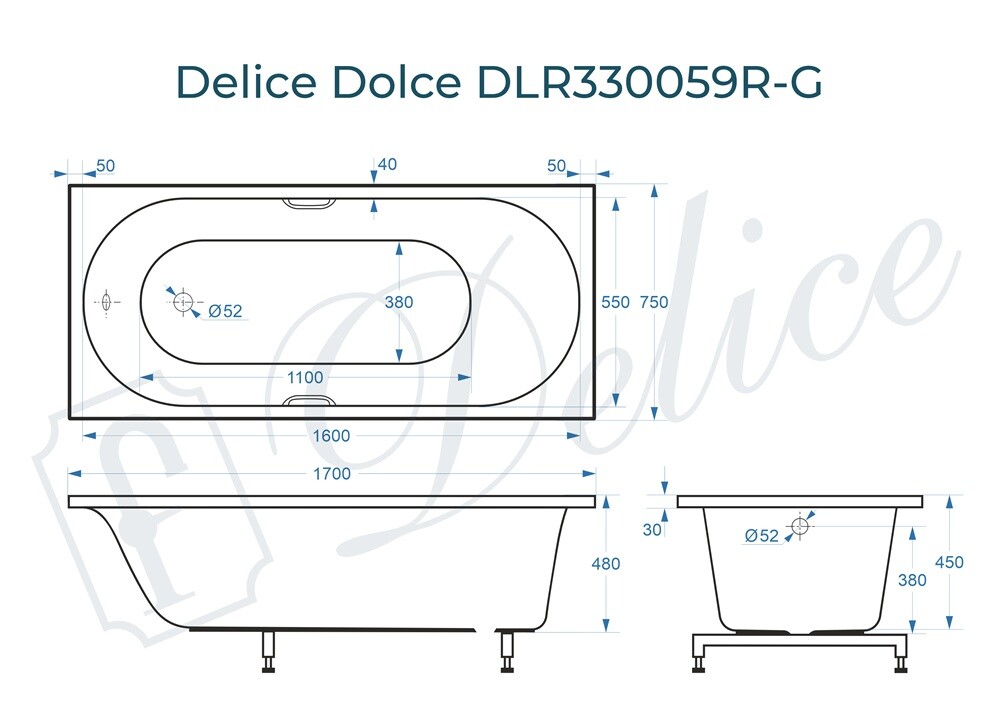 Ванна из искусственного камня Delice Dolce 170x75 глянцевая с ручками хром DLR330059R-G