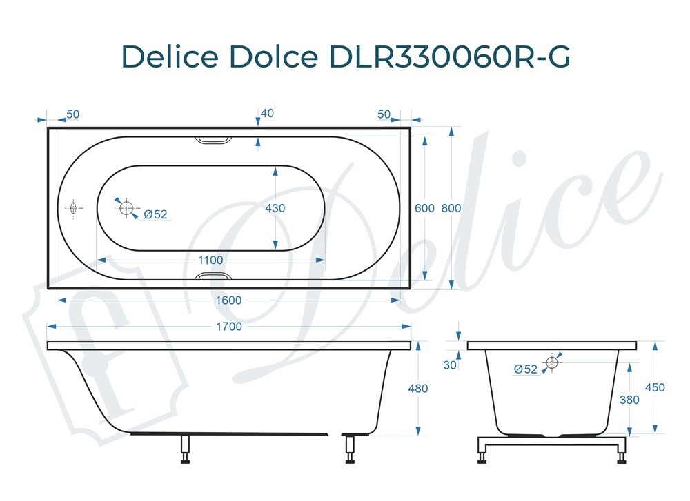 Ванна из искусственного камня Delice Dolce 170x80 глянцевая с ручками хром DLR330060R-G