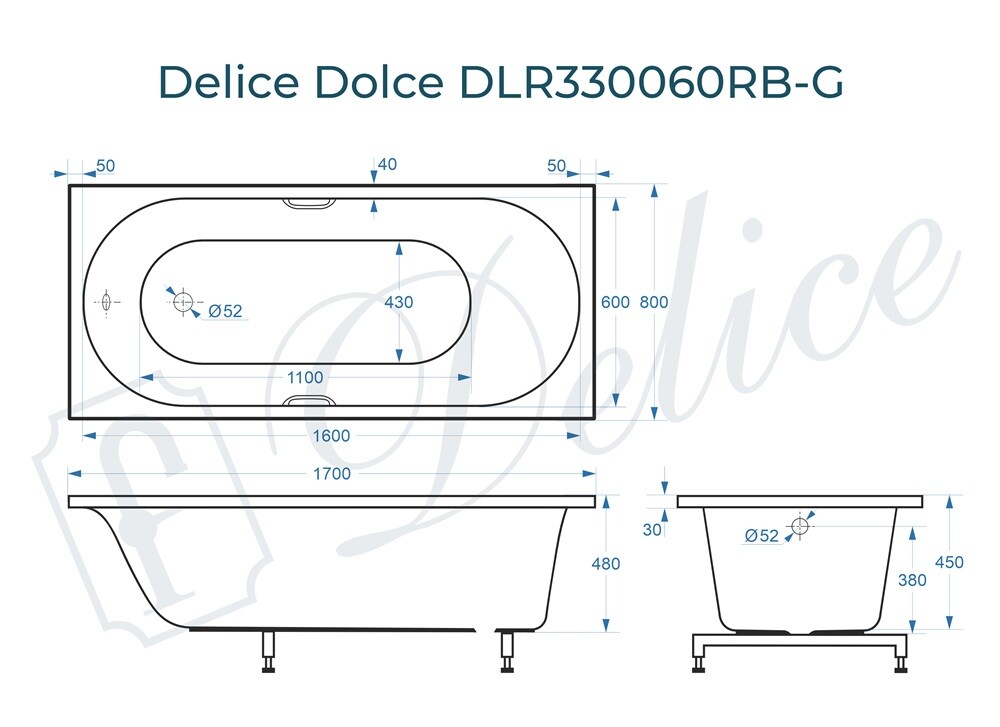 Ванна из искусственного камня Delice Dolce 170x80 глянцевая с черными ручками DLR330060RB-G
