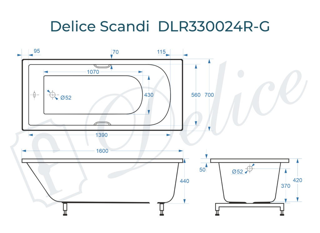 Ванна из искусственного камня Delice Scandi 160x70 глянцевая с ручками хром DLR330024R-G