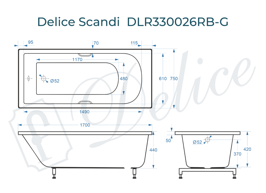 Ванна из искусственного камня Delice Scandi 170x75 глянцевая с черными ручками DLR330026RB-G