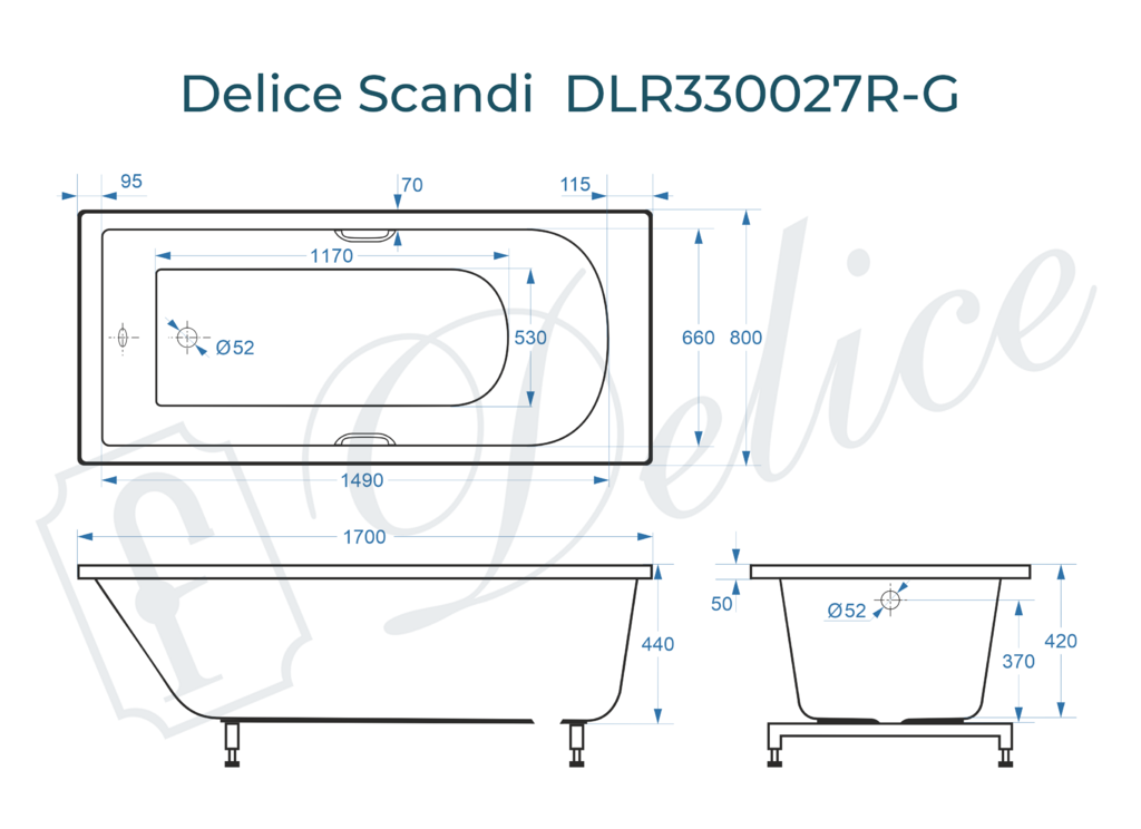 Ванна из искусственного камня Delice Scandi 170x80 глянцевая с ручками хром DLR330027R-G