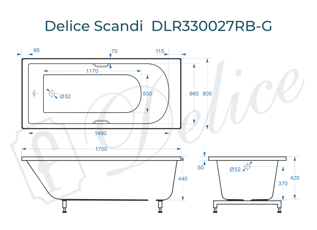 Ванна из искусственного камня Delice Scandi 170x80 глянцевая с черными ручками DLR330027RB-G