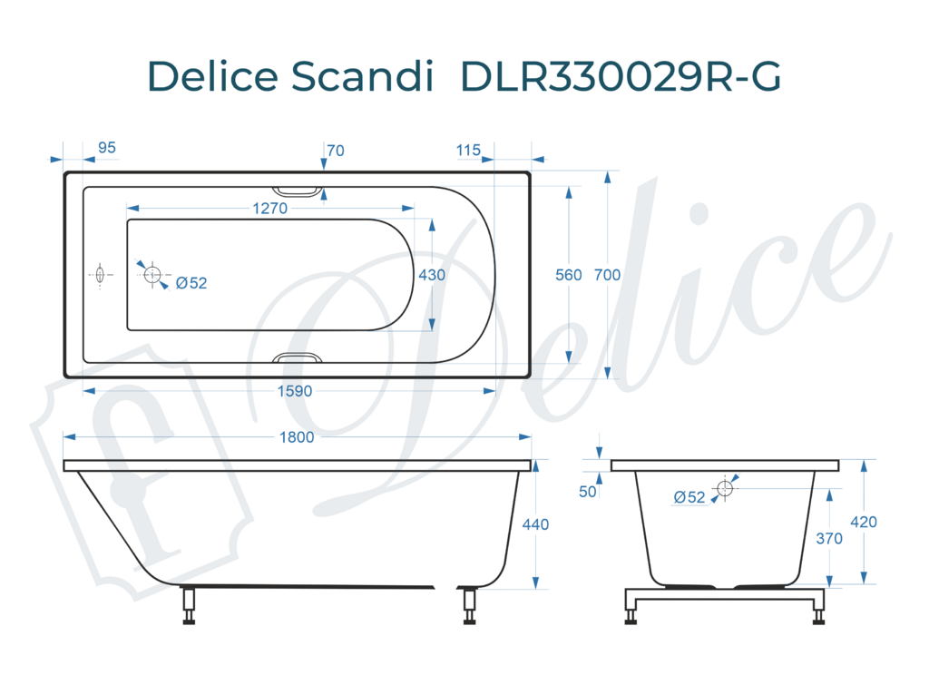 Ванна из искусственного камня Delice Scandi 180x70 глянцевая с ручками хром DLR330029R-G