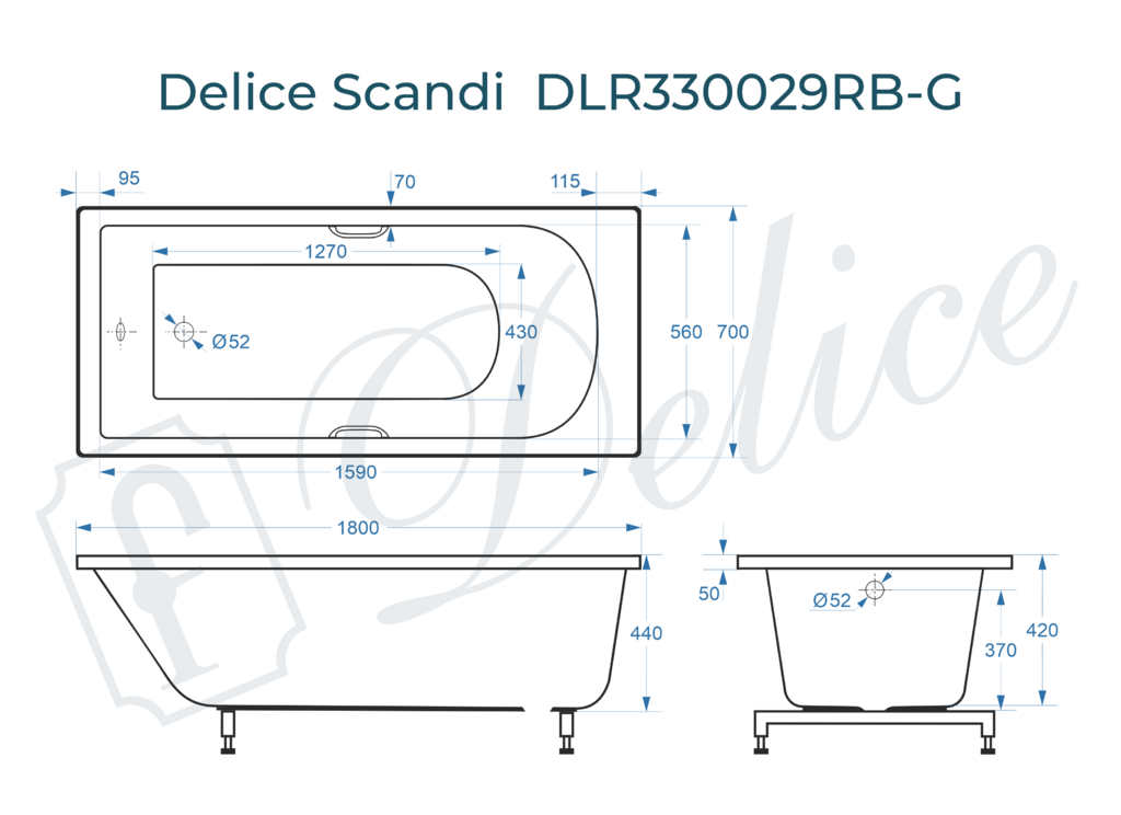 Ванна из искусственного камня Delice Scandi 180x70 глянцевая с черными ручками DLR330029RB-G