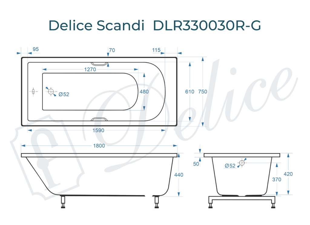 Ванна из искусственного камня Delice Scandi 180x75 глянцевая с ручками хром DLR330030R-G