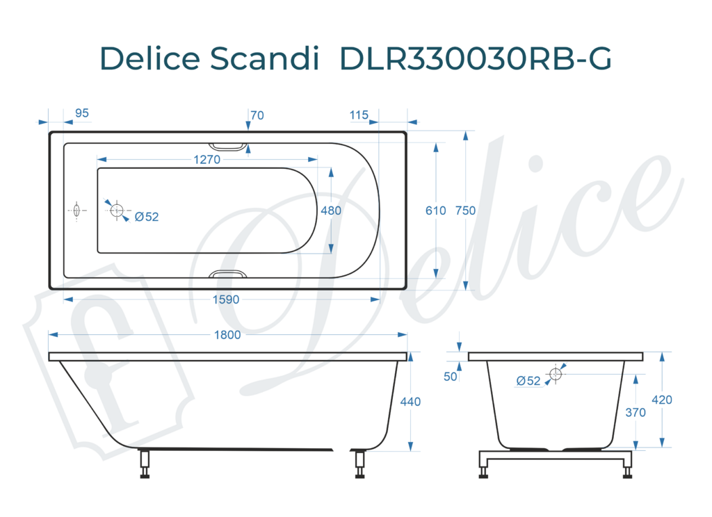 Ванна из искусственного камня Delice Scandi 180x75 глянцевая с черными ручками DLR330030RB-G