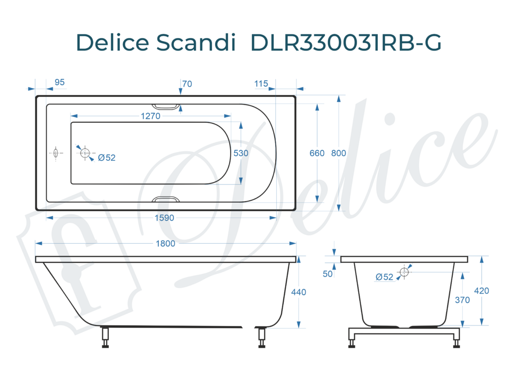 Ванна из искусственного камня Delice Scandi 180x80 глянцевая с черными ручками DLR330031RB-G