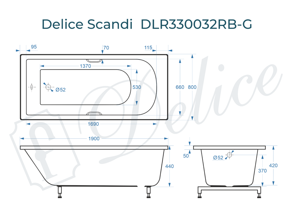 Ванна из искусственного камня Delice Scandi 190x80 глянцевая с черными ручками DLR330032RB-G