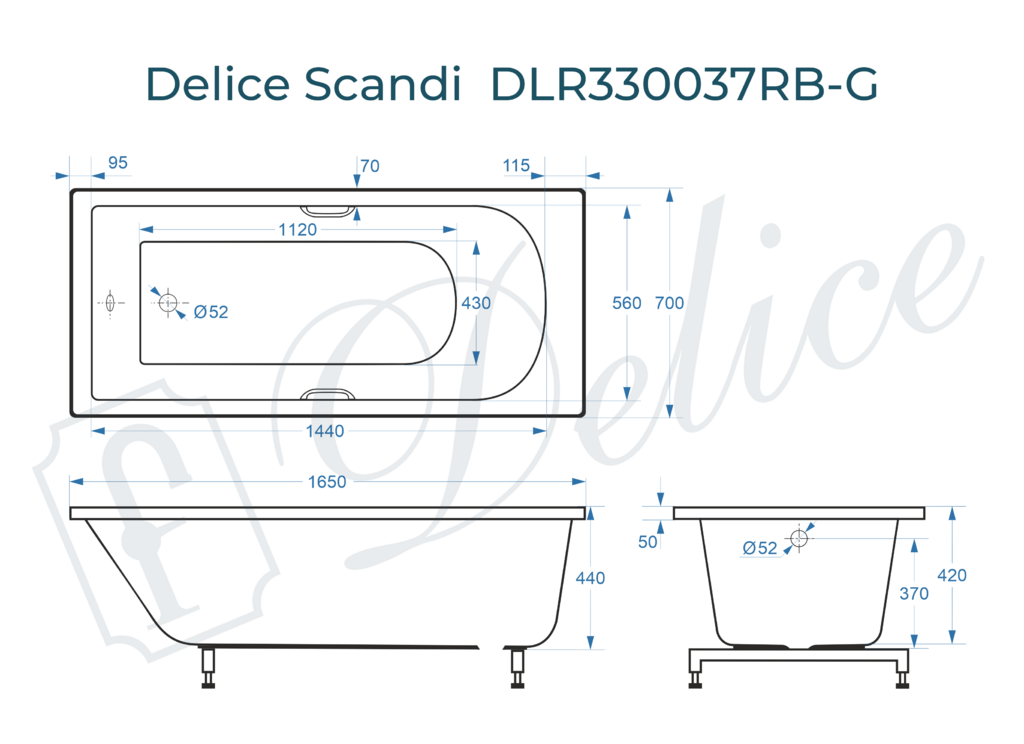 Ванна из искусственного камня Delice Scandi 165x70 глянцевая с черными ручками DLR330037RB-G