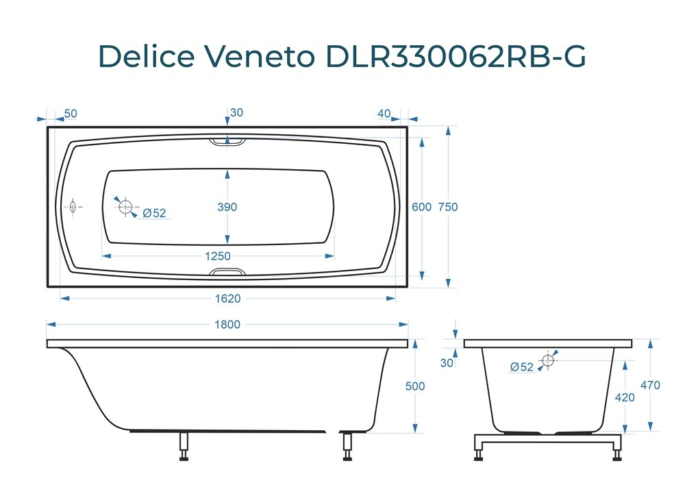 Ванна из искусственного камня Delice Veneto 180x75 глянцевая с черными ручками DLR330062RB-G