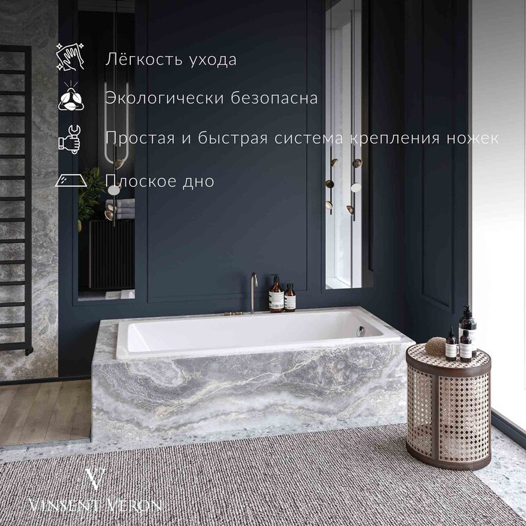 Чугунная ванна Vinsent Veron Square 170x75x45 с ручками оружейная сталь