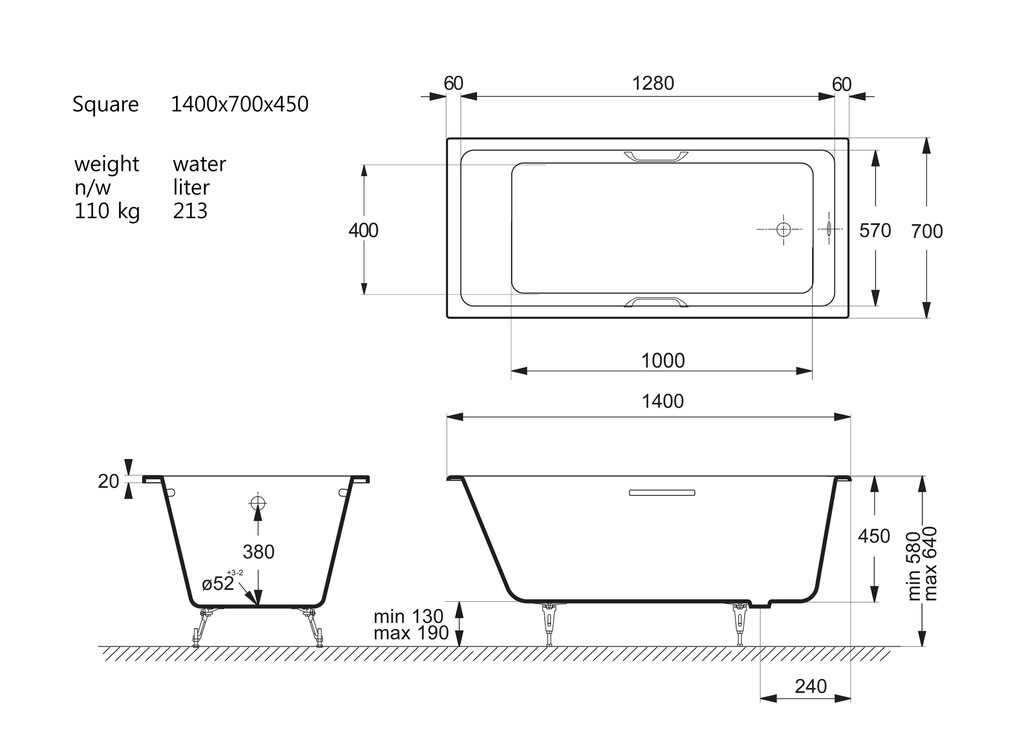 Чугунная ванна Vinsent Veron Square 140x70x45 с ручками матовое золото