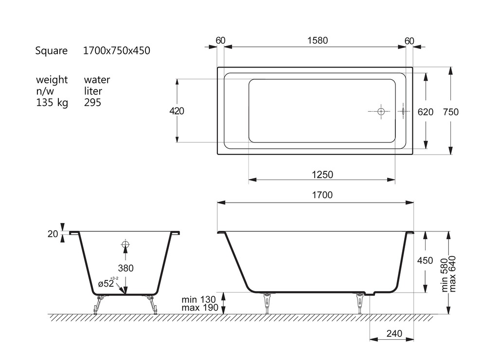 Чугунная ванна Vinsent Veron Square 170x75x45