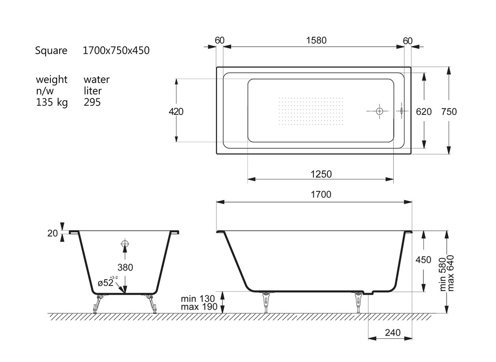 Чугунная ванна Vinsent Veron Square 170x75x45 с а/п